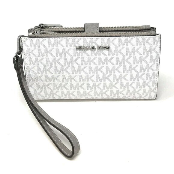 S Michael Kors Double Zip Wristlet Bright White Logo Wallet 35F8STVW0B NWT - Picture 1 of 13